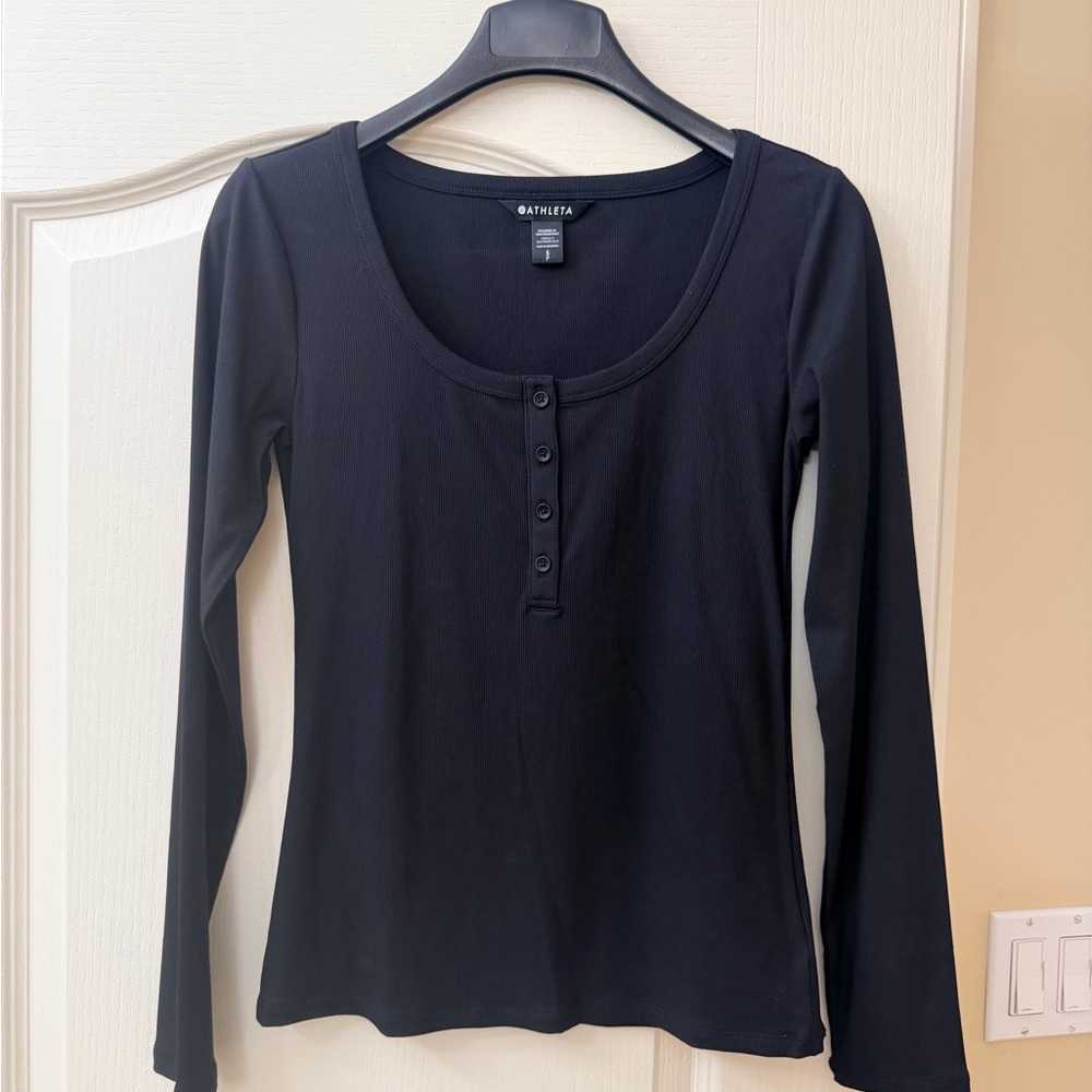 Athleta Black Long-Sleeve Scoop Henley Top NWOT